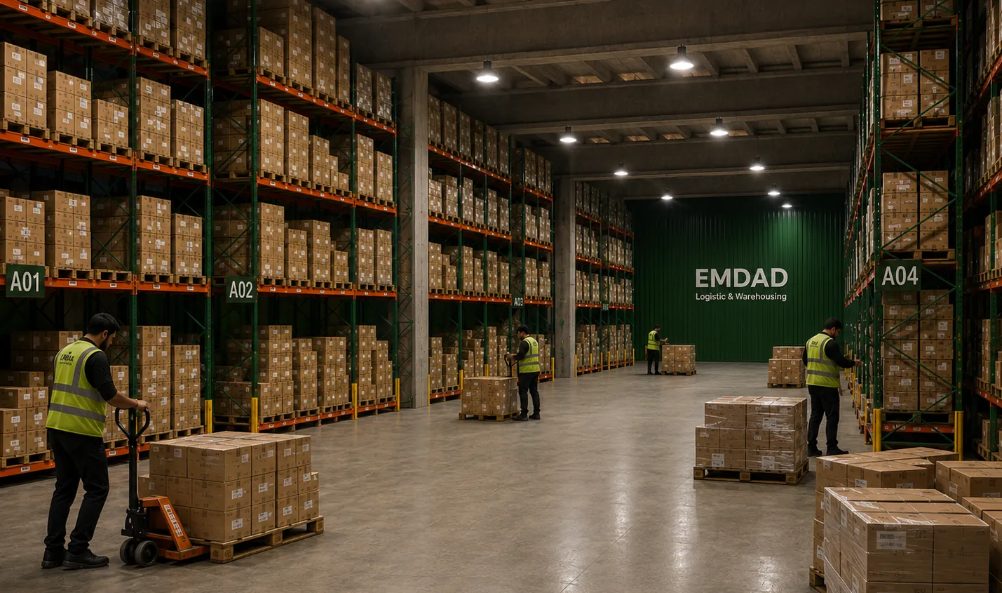 موظف إمداد يدير المخزون عبر نظام WMS داخل مستودع مجهز في حلب